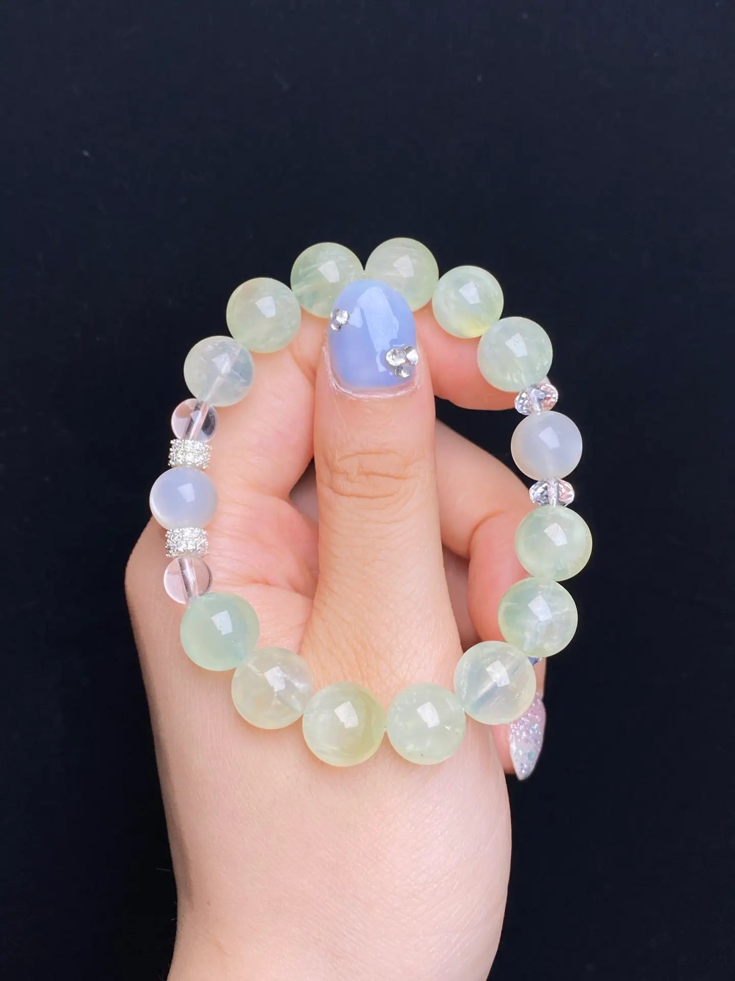 Brivys Morning Dew Prehnite Five Element Energy Bracelet – White Moonstone & Clear Quartz