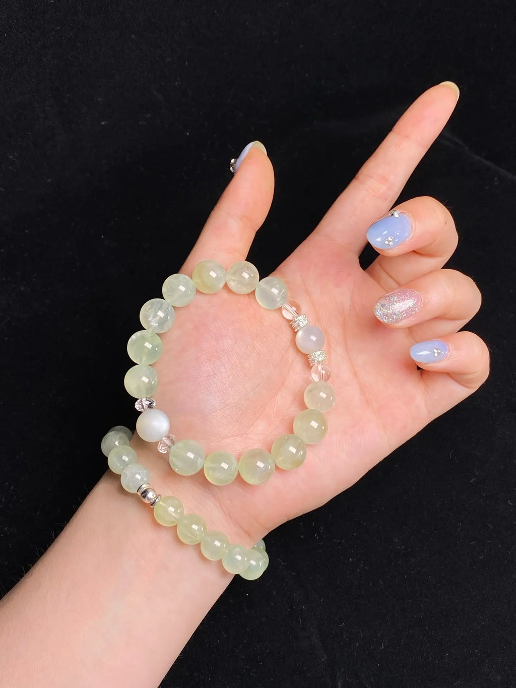 Brivys Morning Dew Prehnite Five Element Energy Bracelet – White Moonstone & Clear Quartz