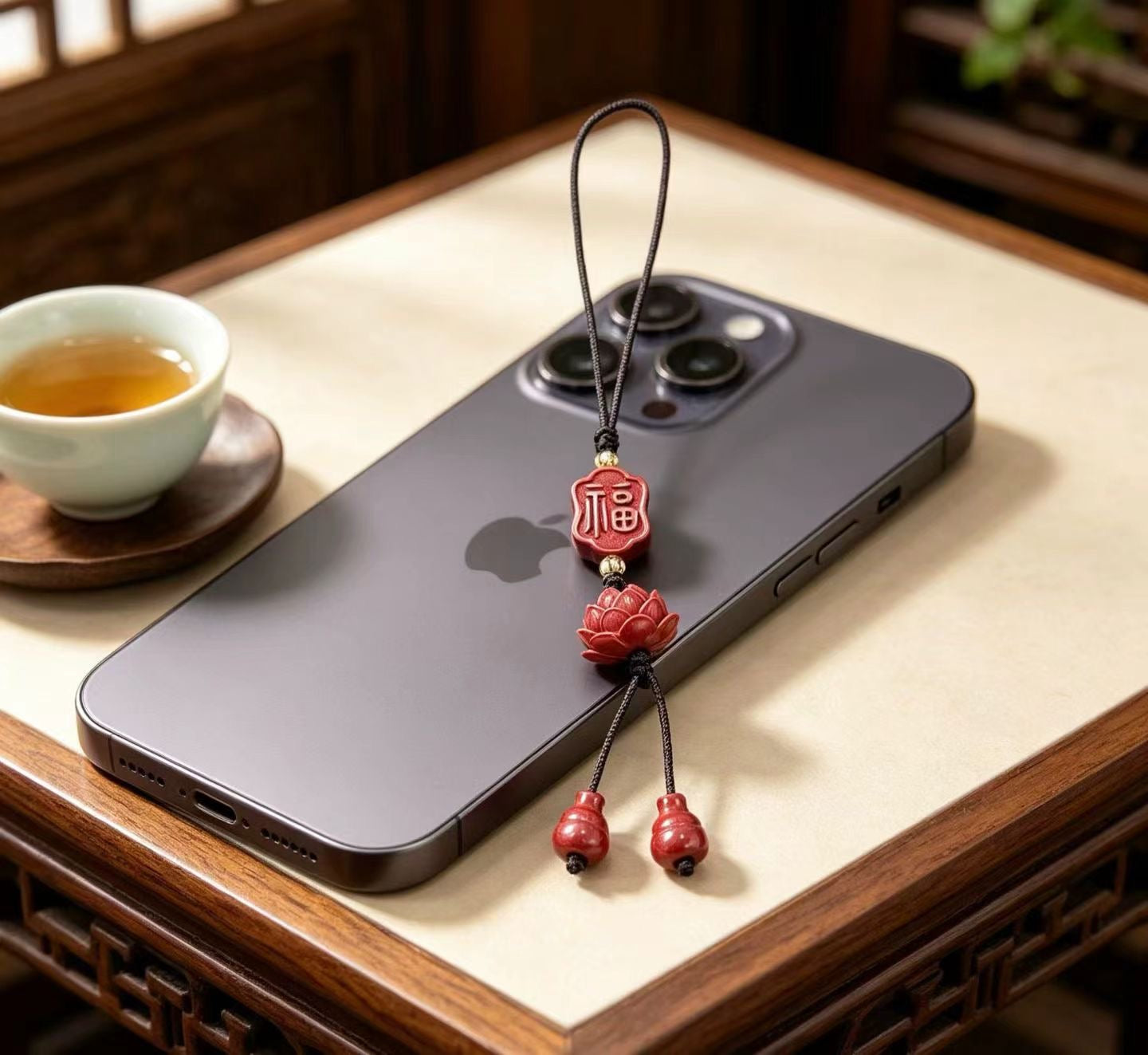 Cinnabar Fu Plaque & Lotus Lucky Charm – Chinese Blessing Amulet Pendant Secondary image
