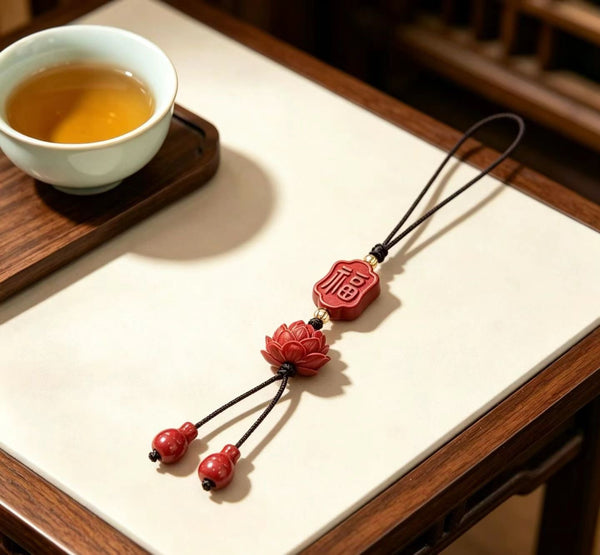 Cinnabar Fu Plaque & Lotus Lucky Charm – Chinese Blessing Amulet Pendant