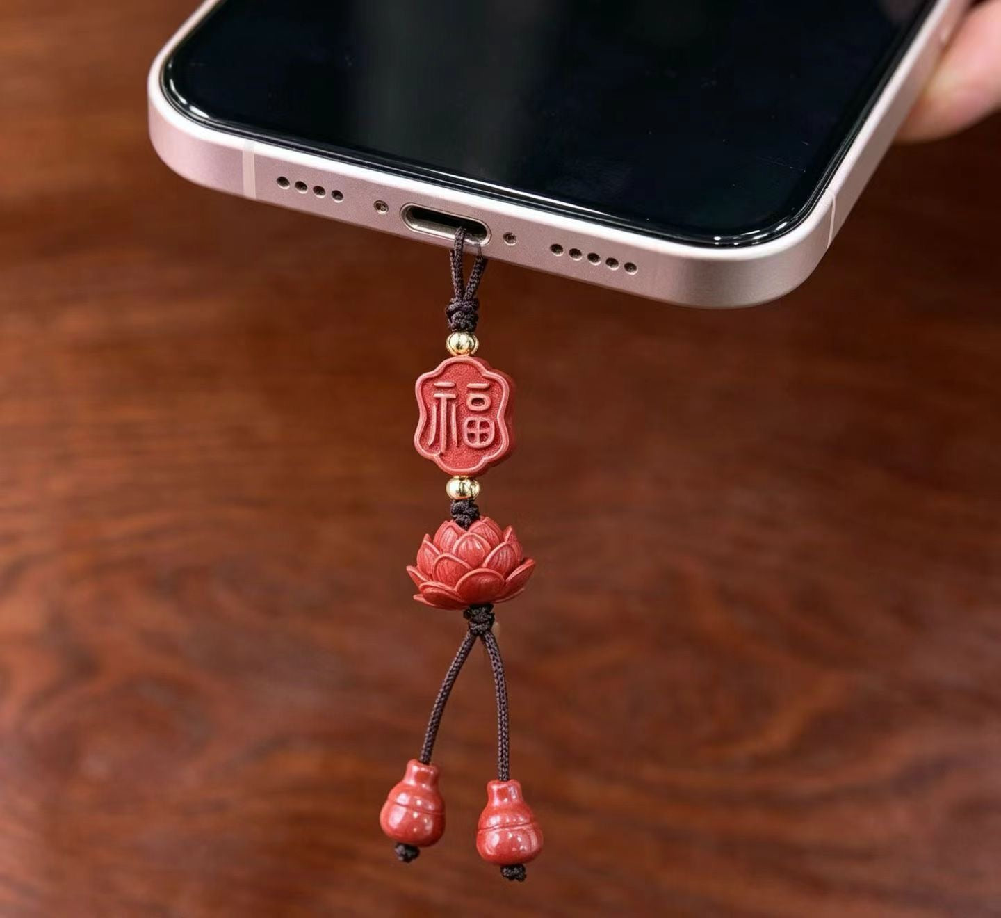 Cinnabar Fu Plaque & Lotus Lucky Charm – Chinese Blessing Amulet Pendant