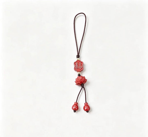 Cinnabar Fu Plaque & Lotus Lucky Charm – Chinese Blessing Amulet Pendant