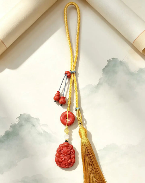 Cinnabar Nine-Tailed Fox Car Charm – Chinese Fortune & Harmony Amulet Pendant