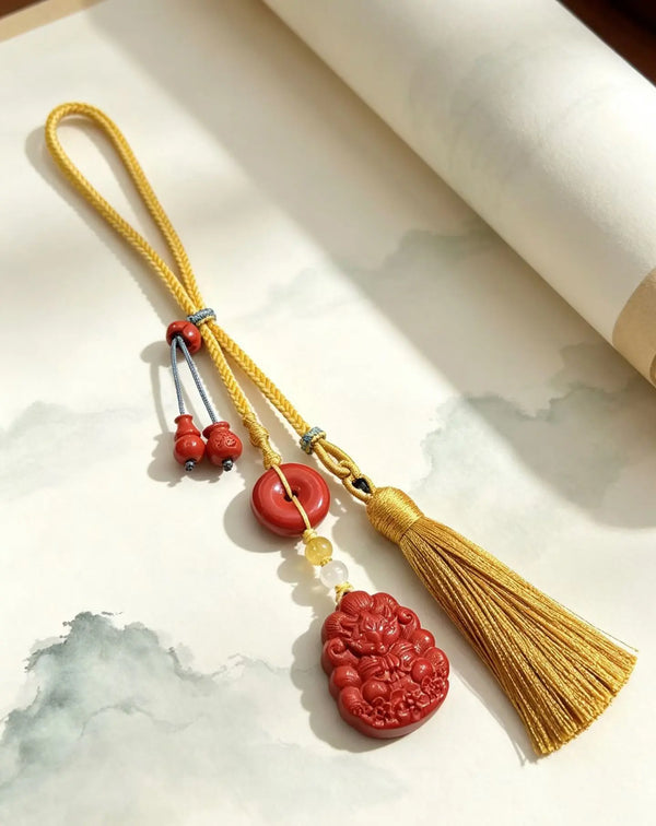 Cinnabar Nine-Tailed Fox Car Charm – Chinese Fortune & Harmony Amulet Pendant