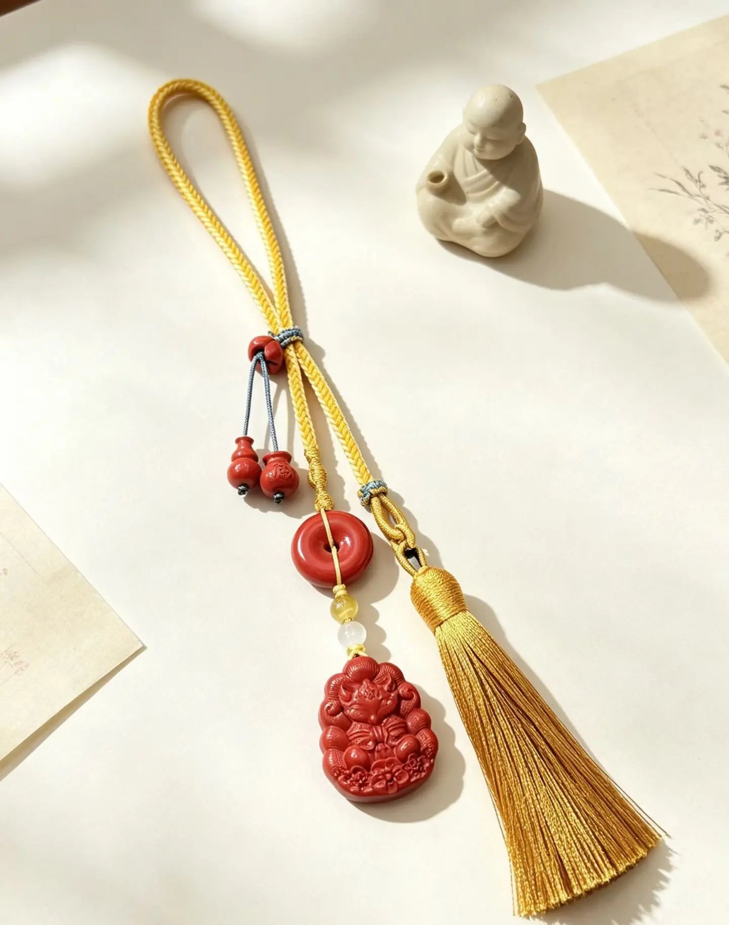 Cinnabar Nine-Tailed Fox Car Charm – Chinese Fortune & Harmony Amulet Pendant