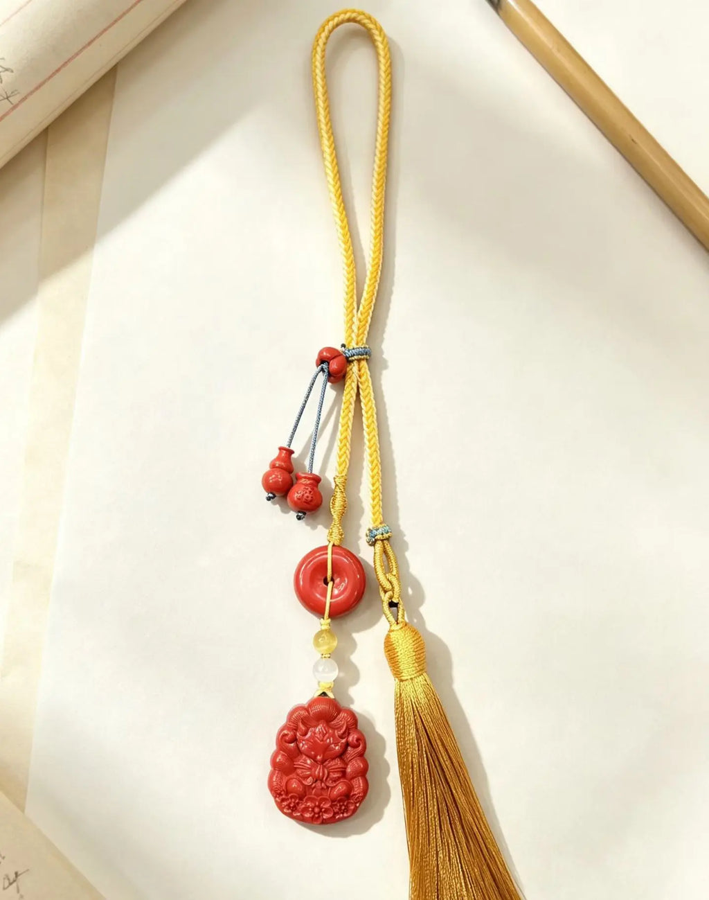 Cinnabar Nine-Tailed Fox Car Charm – Chinese Fortune & Harmony Amulet Pendant