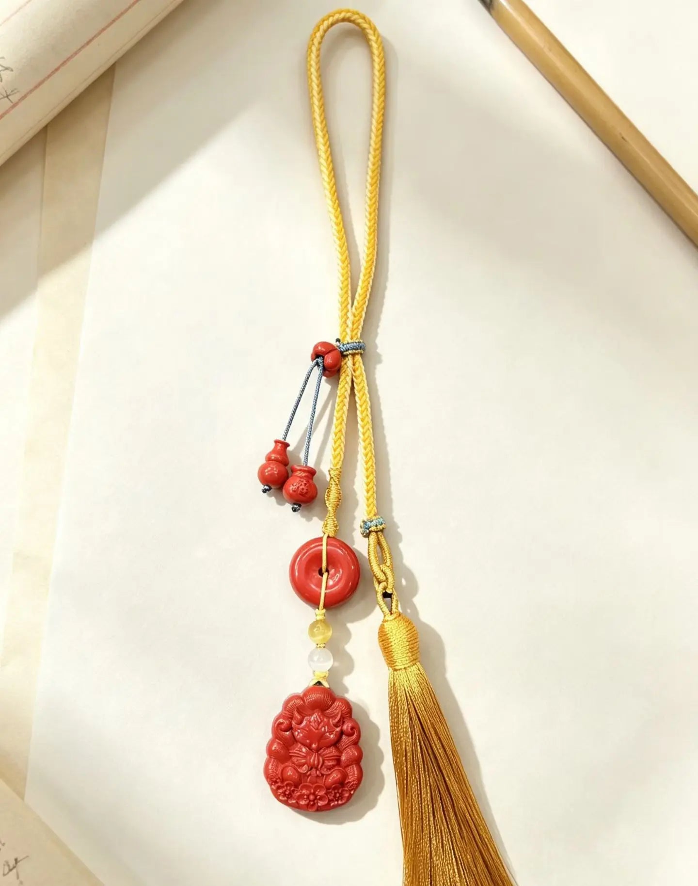 Cinnabar Nine-Tailed Fox Car Charm – Chinese Fortune & Harmony Amulet Pendant