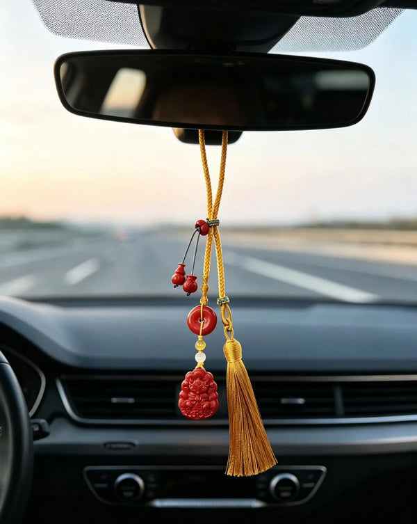 Cinnabar Nine-Tailed Fox Car Charm – Chinese Fortune & Harmony Amulet Pendant