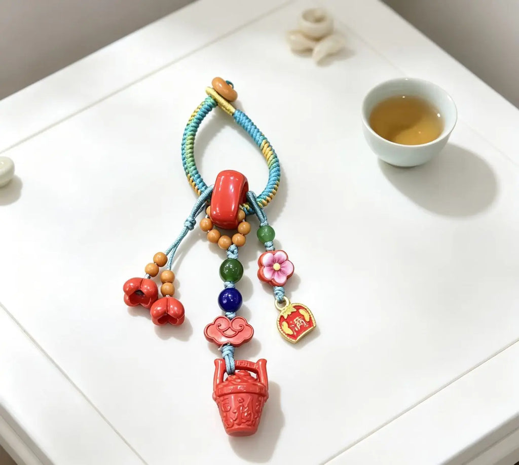 Cinnabar Bucket of Gold Bag Charm – Chinese Wealth & Blessing Amulet Pendant