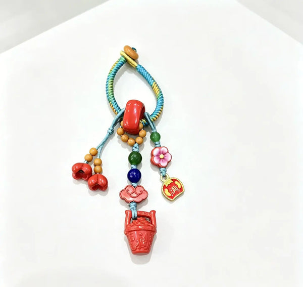 Cinnabar Bucket of Gold Bag Charm – Chinese Wealth & Blessing Amulet Pendant