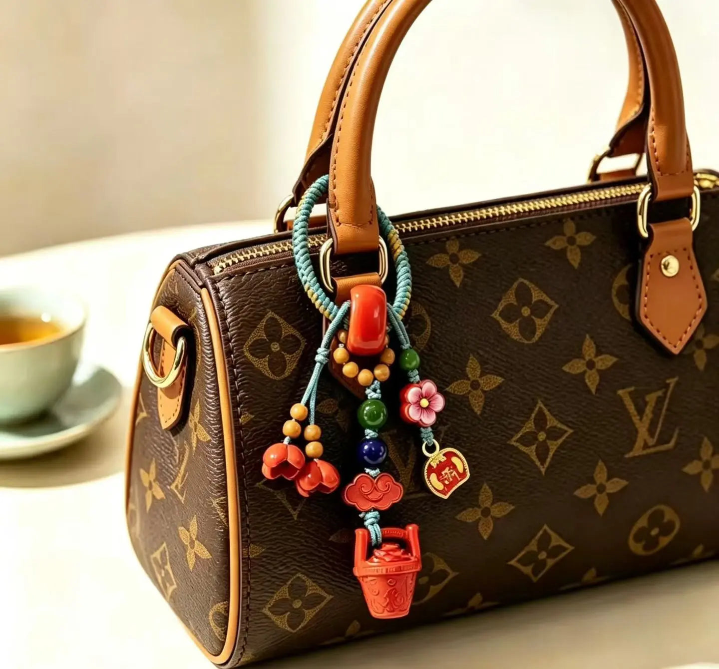 Cinnabar Bucket of Gold Bag Charm – Chinese Wealth & Blessing Amulet Pendant Secondary image