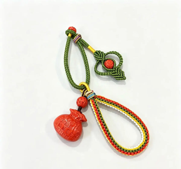 Cinnabar Fortune Pouch Bag Charm – Chinese Wealth & Blessing Amulet Pendant