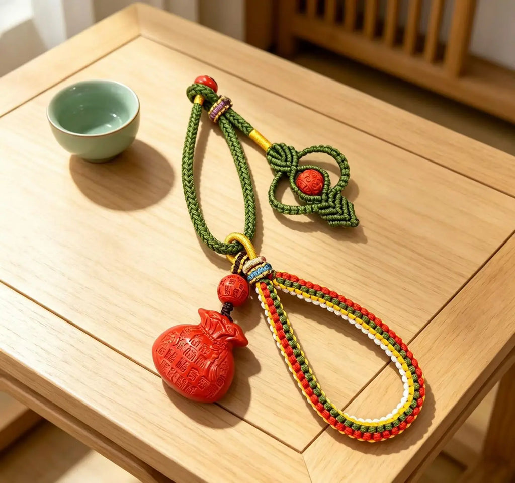 Cinnabar Fortune Pouch Bag Charm – Chinese Wealth & Blessing Amulet Pendant