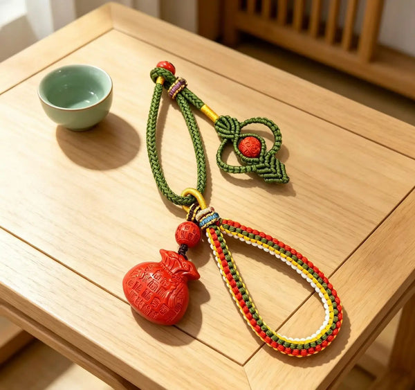 Cinnabar Fortune Pouch Bag Charm – Chinese Wealth & Blessing Amulet Pendant