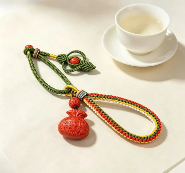 Cinnabar Fortune Pouch Bag Charm – Chinese Wealth & Blessing Amulet Pendant