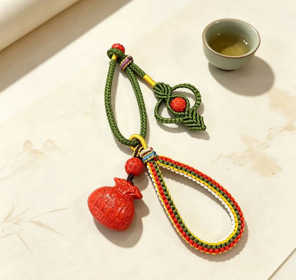 Cinnabar Fortune Pouch Bag Charm – Chinese Wealth & Blessing Amulet Pendant