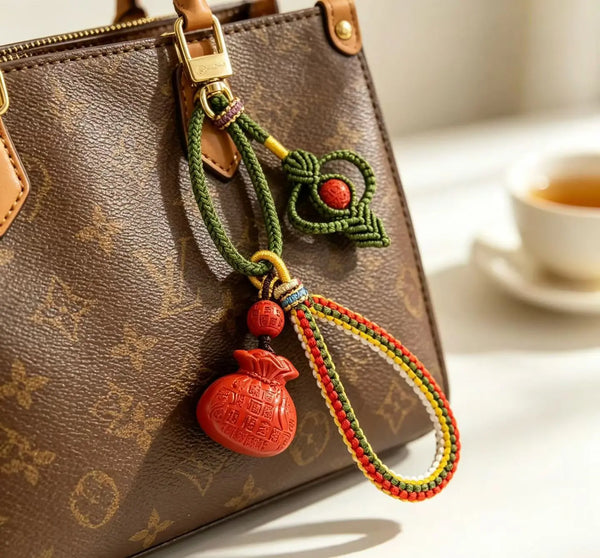 Cinnabar Fortune Pouch Bag Charm – Chinese Wealth & Blessing Amulet Pendant
