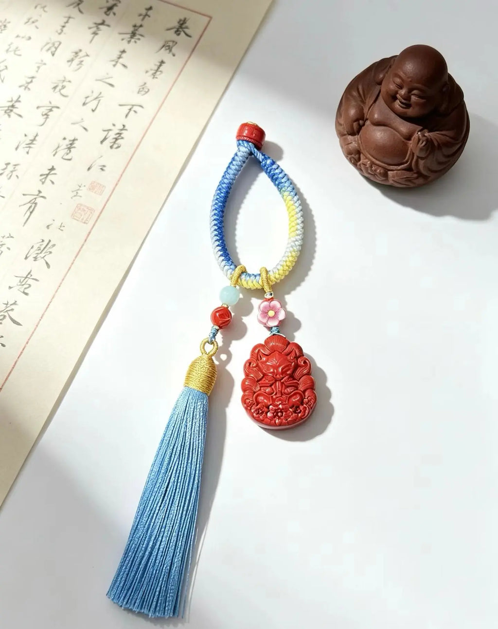 Cinnabar Nine-Tailed Fox Lucky Charm – Gradient Tassel Lucky Ornament for Love & Good Connections