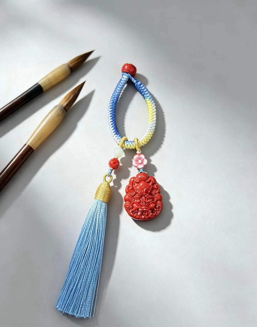 Cinnabar Nine-Tailed Fox Lucky Charm – Gradient Tassel Lucky Ornament for Love & Good Connections