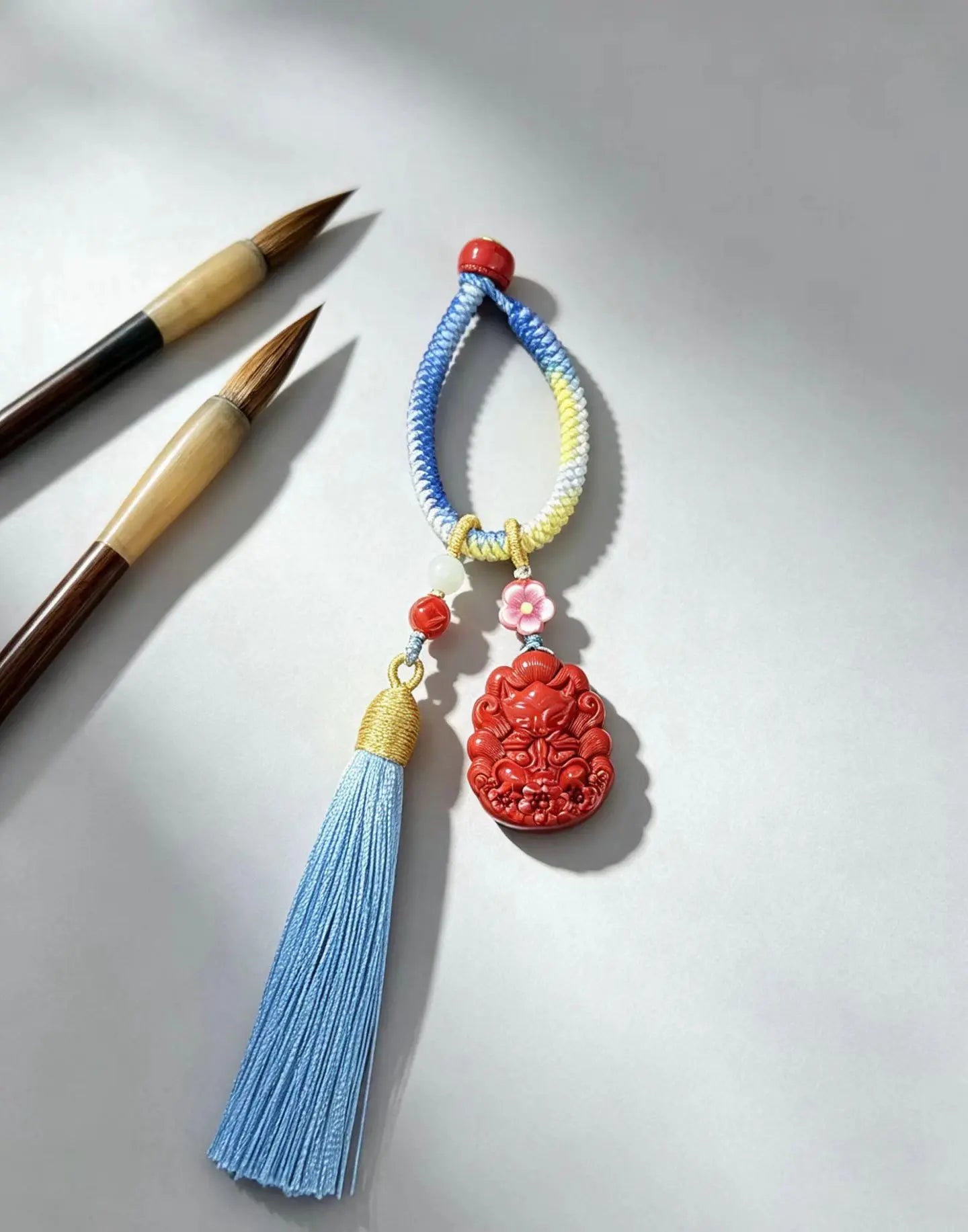 Cinnabar Nine-Tailed Fox Lucky Charm – Gradient Tassel Lucky Ornament for Love & Good Connections