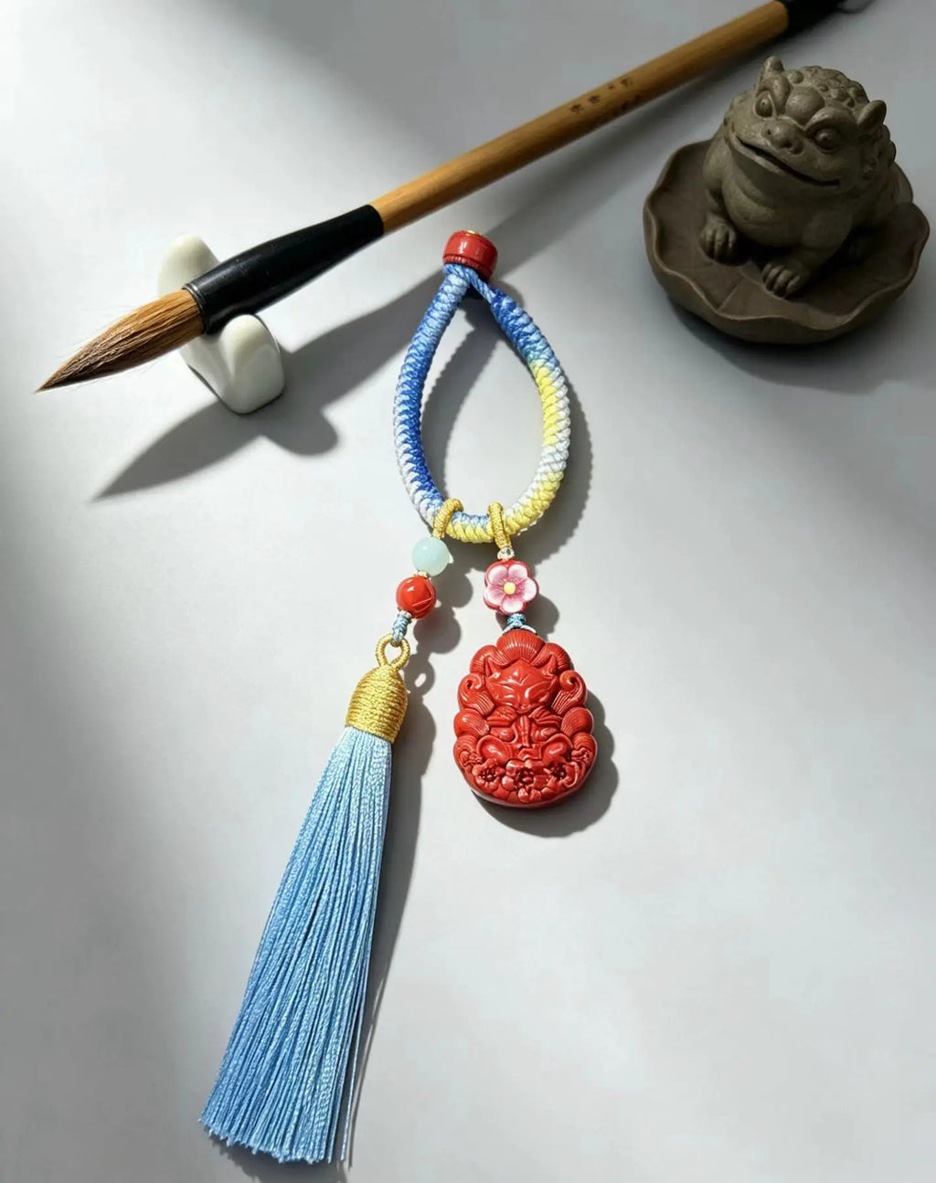 Cinnabar Nine-Tailed Fox Lucky Charm – Gradient Tassel Lucky Ornament for Love & Good Connections