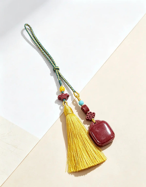 Cinnabar Peace Plaque Car Charm – Chinese Safe Travel Amulet with Golden Tassel