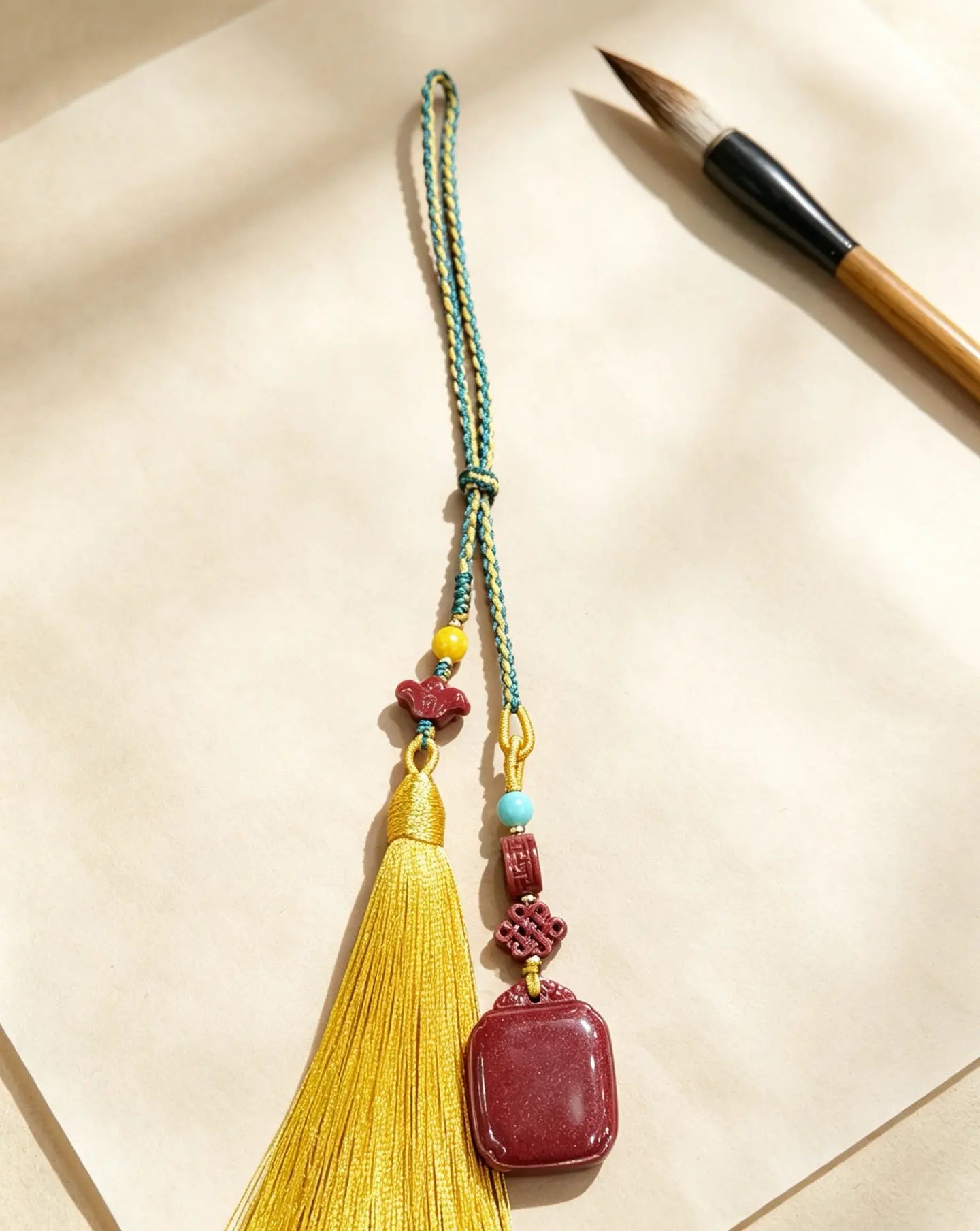 Cinnabar Peace Plaque Car Charm – Chinese Safe Travel Amulet with Golden Tassel