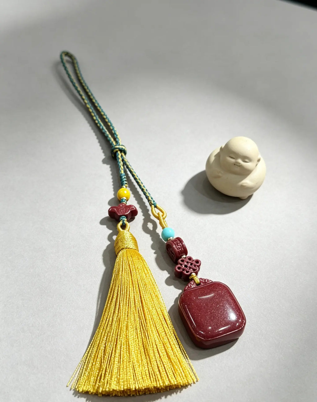 Cinnabar Peace Plaque Car Charm – Chinese Safe Travel Amulet with Golden Tassel