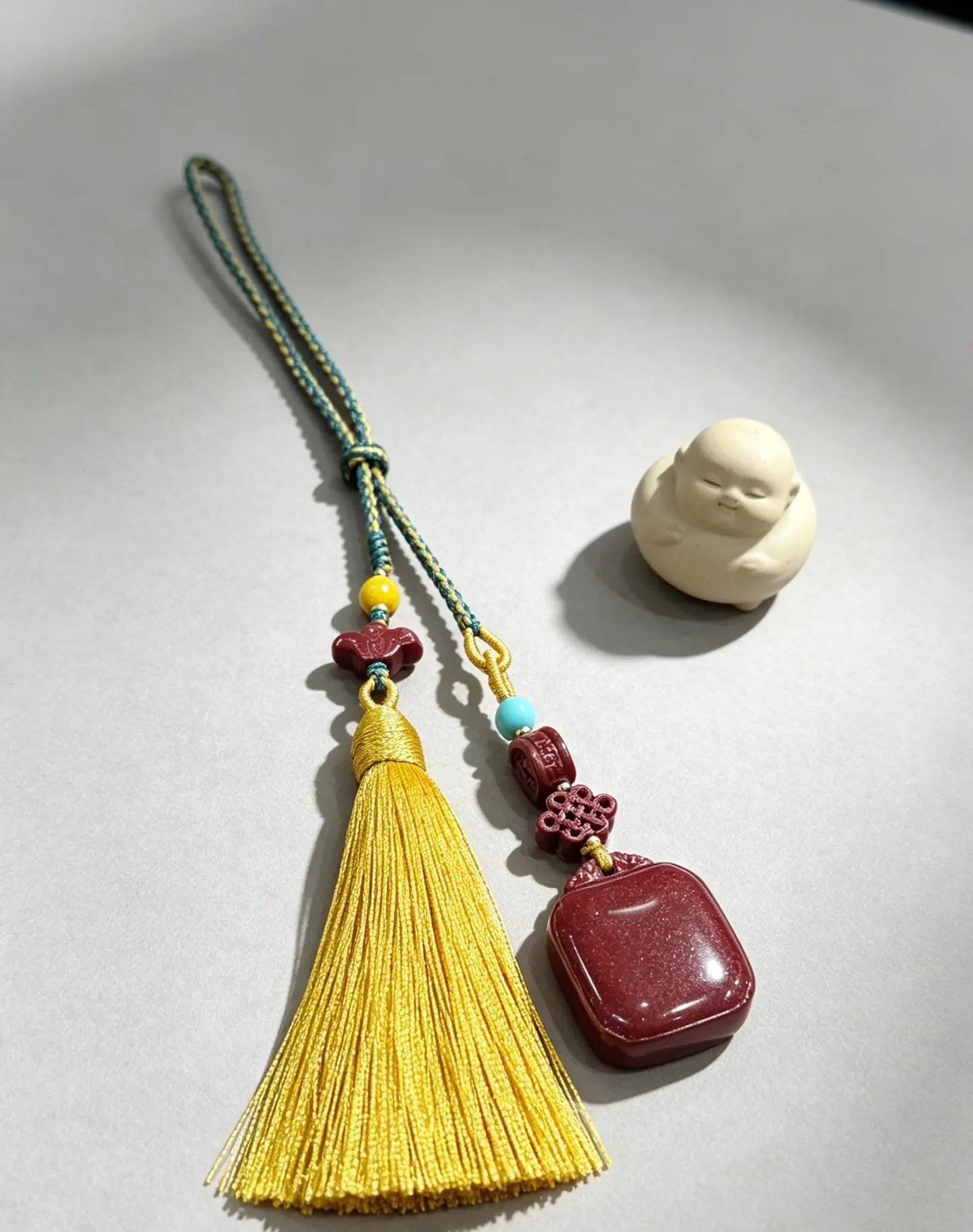 Cinnabar Peace Plaque Car Charm – Chinese Safe Travel Amulet with Golden Tassel