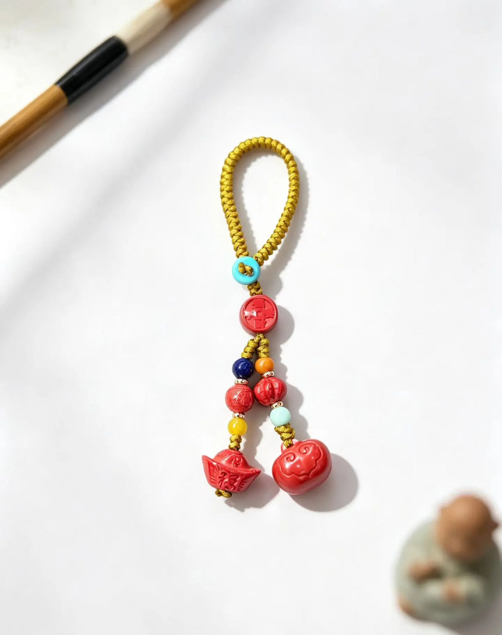 Cinnabar Persimmon Ruyi Keychain Charm – Chinese Lucky Pendant for Prosperity & Good Fortune