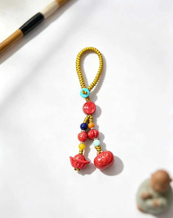 Cinnabar Persimmon Ruyi Keychain Charm – Chinese Lucky Pendant for Prosperity & Good Fortune