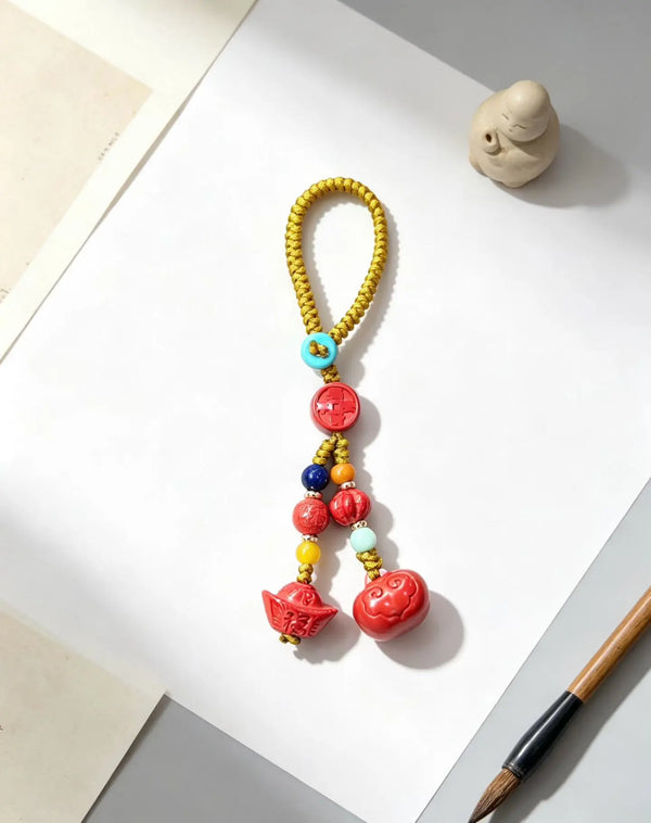 Cinnabar Persimmon Ruyi Keychain Charm – Chinese Lucky Pendant for Prosperity & Good Fortune