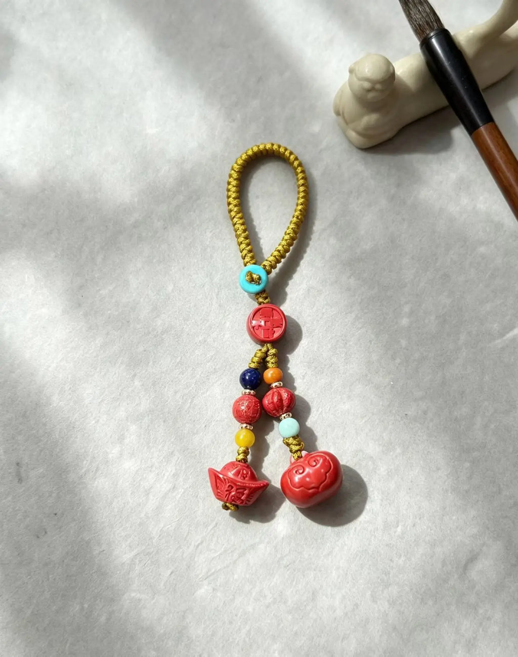 Cinnabar Persimmon Ruyi Keychain Charm – Chinese Lucky Pendant for Prosperity & Good Fortune