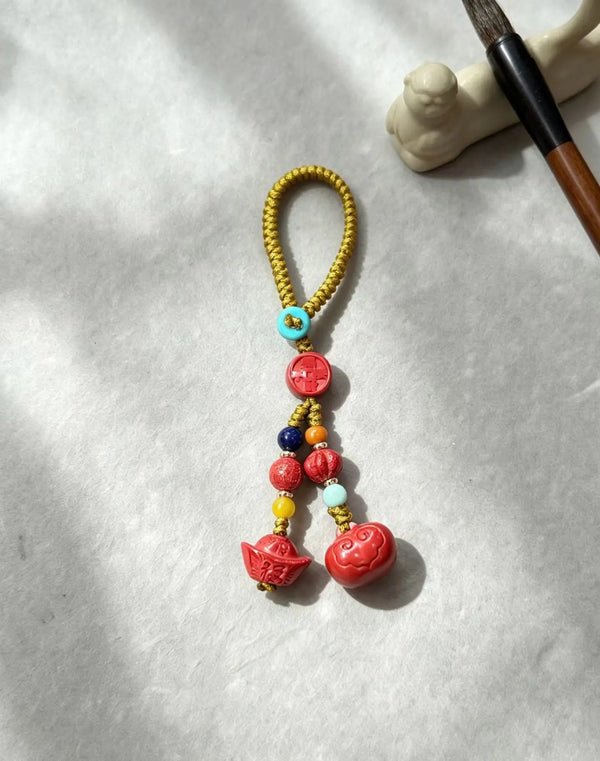 Cinnabar Persimmon Ruyi Keychain Charm – Chinese Lucky Pendant for Prosperity & Good Fortune