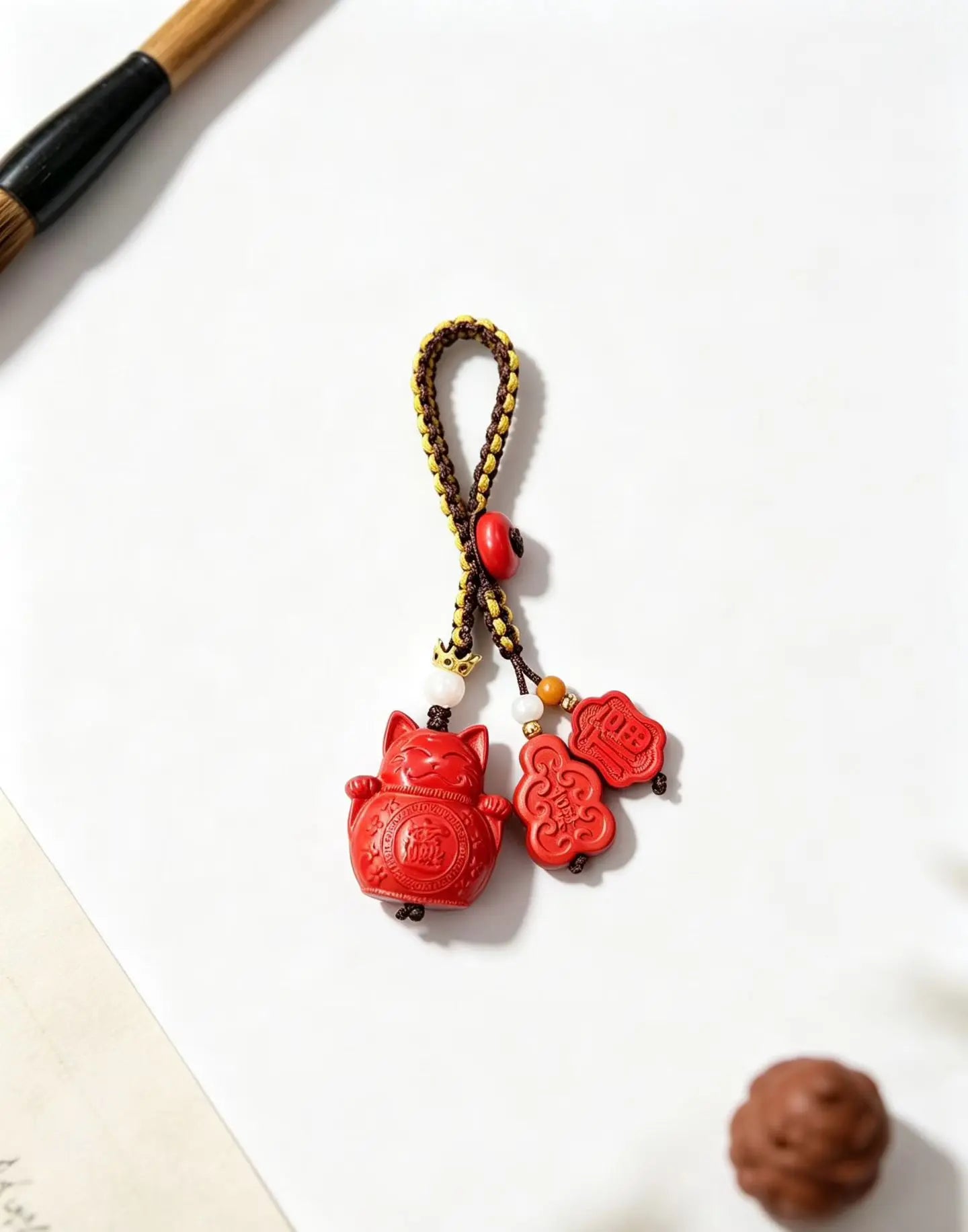 Cinnabar Fortune Cat Keychain Charm – Chinese Wealth & Blessing Amulet Pendant