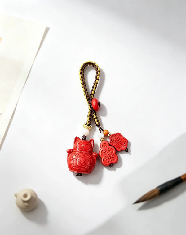 Cinnabar Fortune Cat Keychain Charm – Chinese Wealth & Blessing Amulet Pendant