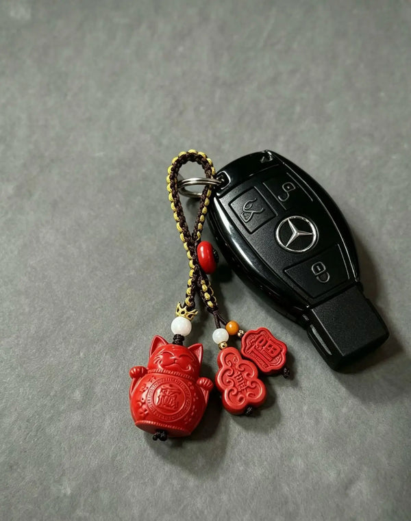 Cinnabar Fortune Cat Keychain Charm – Chinese Wealth & Blessing Amulet Pendant